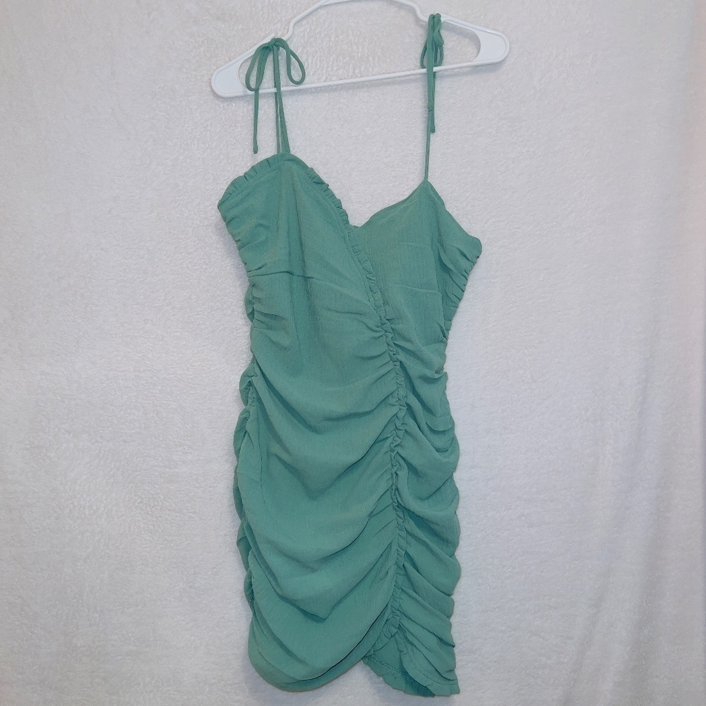 Blush Boutique Green Tie Shoulder Sleeves Ruched Bodycon Mini Dress size large